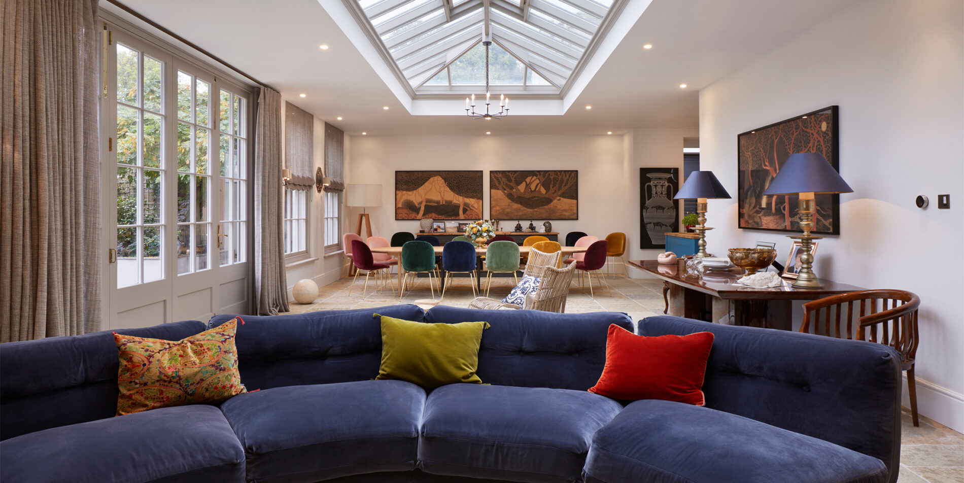 Sofa area with a view of the Accoya wood orangery.