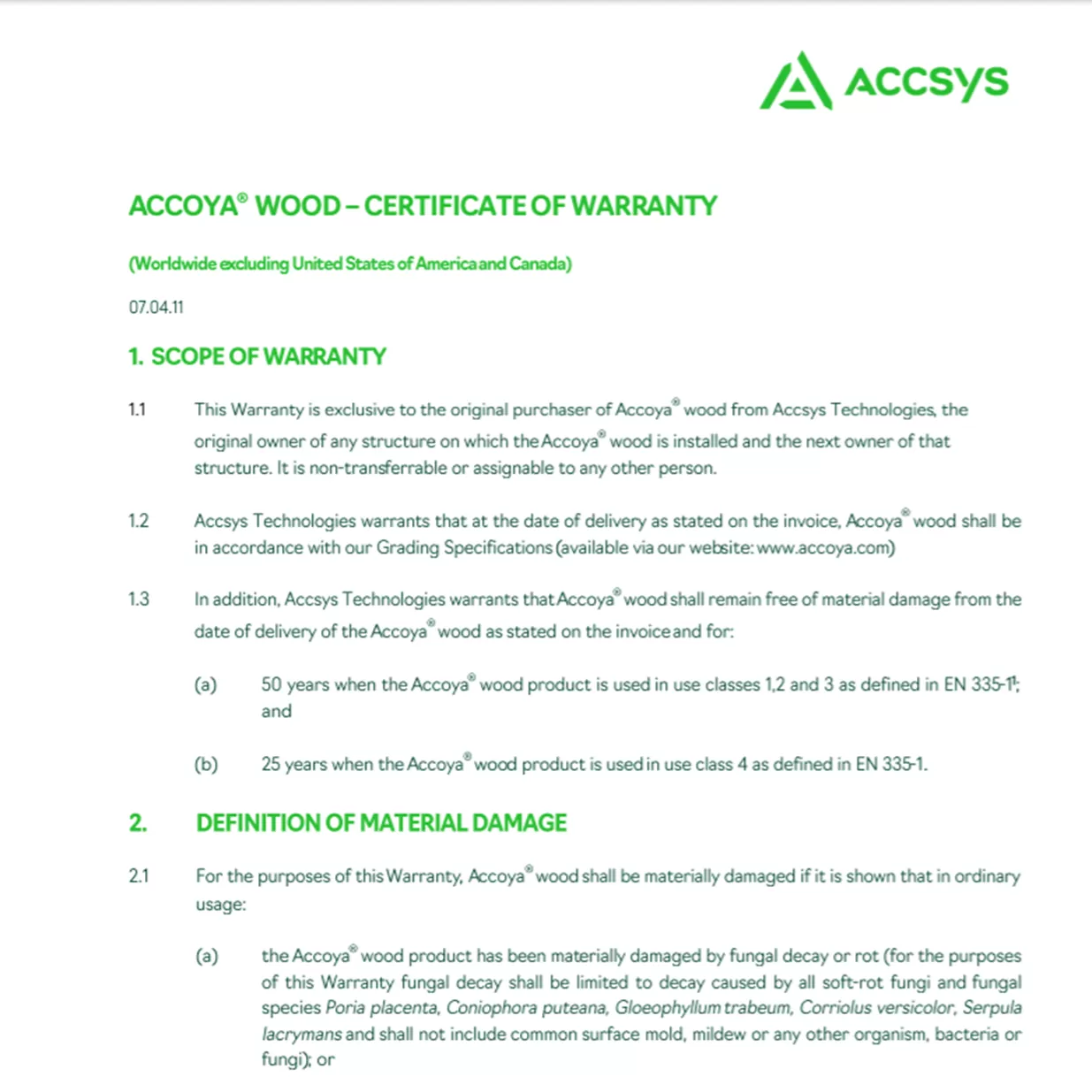 Accoya warranty (Excluding US & Canada)