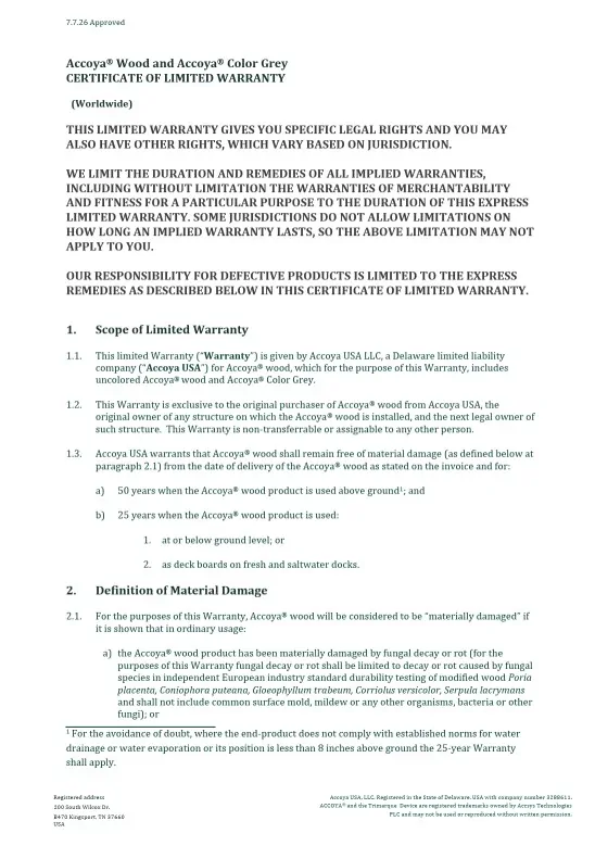 Accoya Wood Warranty - North America