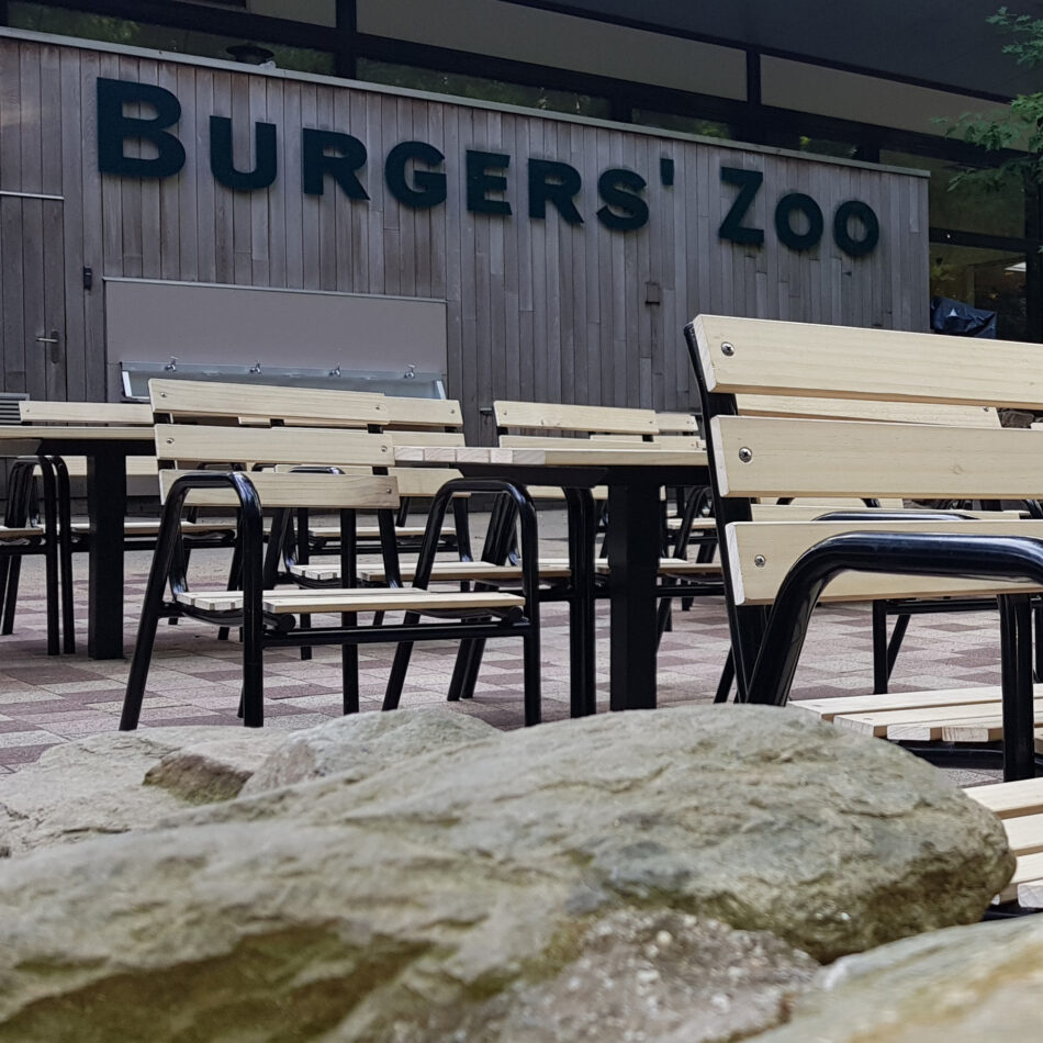 Buitenmeubilair van Parkrestaurant Burgers’Zoo voorzien van duurzaam Accoya.