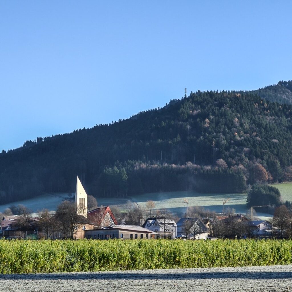 Das Dorf Bleibach und Kirchturm mit Accoya Holzfassade