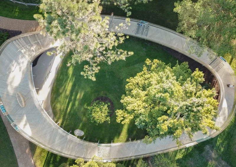 Aerial view from above at the Cambridge botanic gardens. The rising path is made from accoya wood and goes around in a full circle.