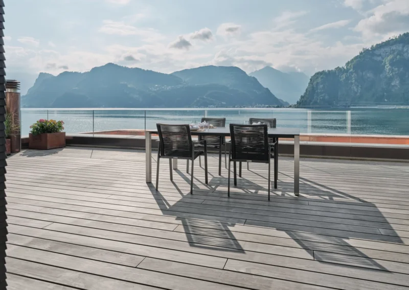 grey decking terrace with mountain view