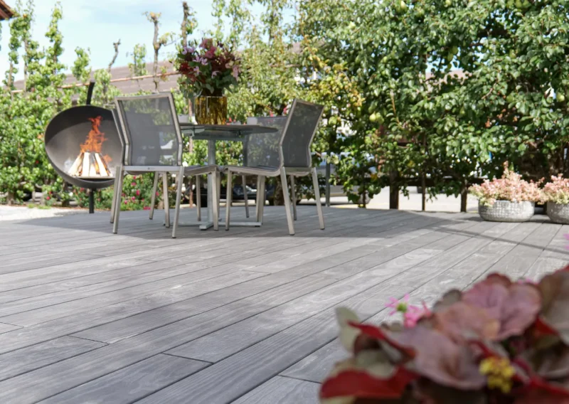 Grey decking with seating and fire pit