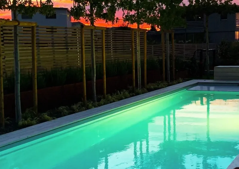 pool decking with sunset scenery