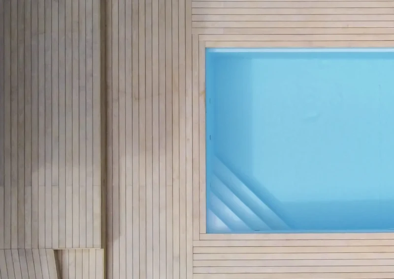 aerial view of wooden pool decking