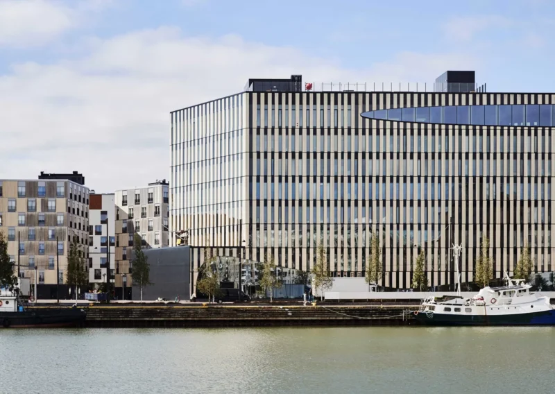 Wood cladding for commercial building by river