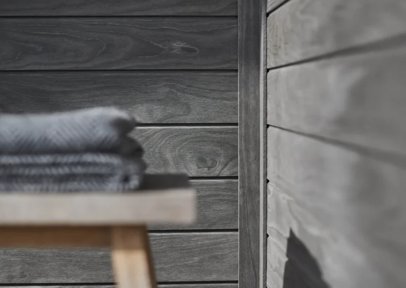 Grey siding Accoya close up