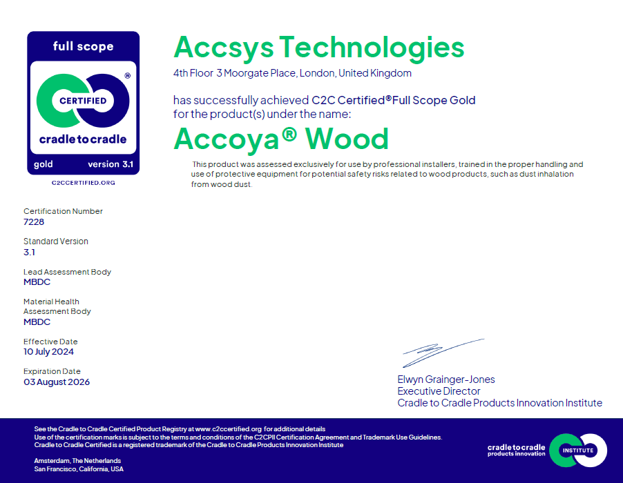 Accoya_Cradle to Cradle Gold_Certificat jusqu'au 03-08-2026